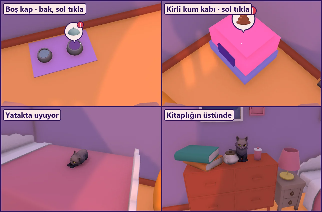 Dört kare: boş mama kabının üstünde servis kapağı simgesi; pembe kum kabının üstünde kirli simgesi; gri kedi pembe yatakta kıvrılmış uyuyor; gri kedi kitaplığın üstünde çaydanlık ile kavanozun arasında oturuyor.