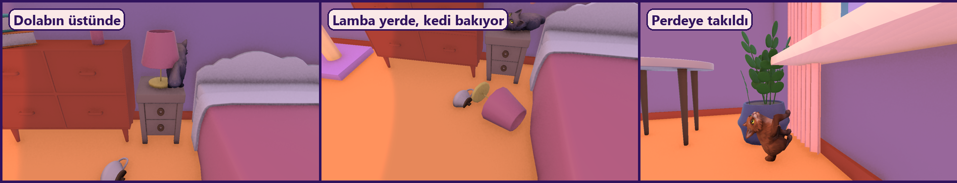 Üç kare: kedi başucu dolabının üstünde lambanın yanında; lamba yerde, kedi bakıyor; turuncu kedi arka ayakları üstünde perdeye takılmış.