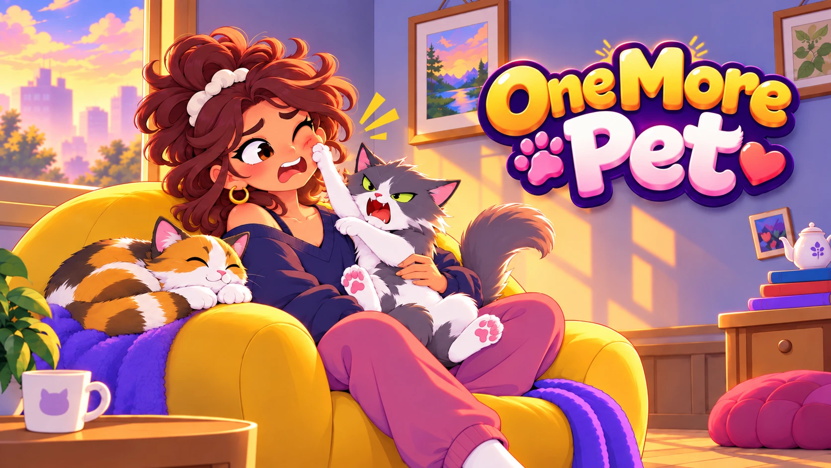 Sarı koltukta oturan kıvırcık saçlı bir kadın; kucağındaki gri-beyaz kedi ona pati atıyor, yanında turuncu benekli bir kedi uyuyor. Sağ üstte One More Pet logosu.